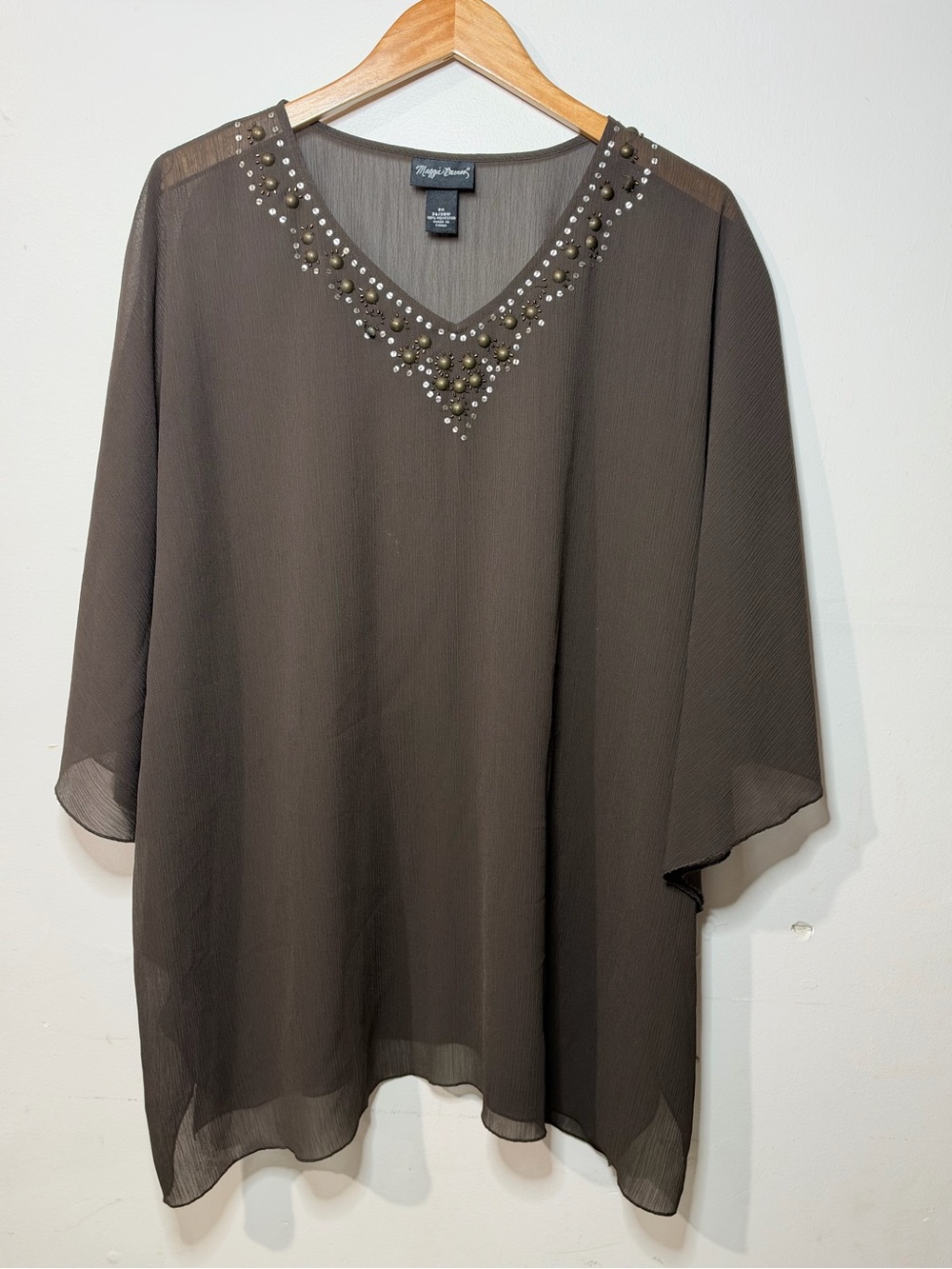 Maggie Barnes Olive Beaded V-Neck Women’s Sheer Blouse